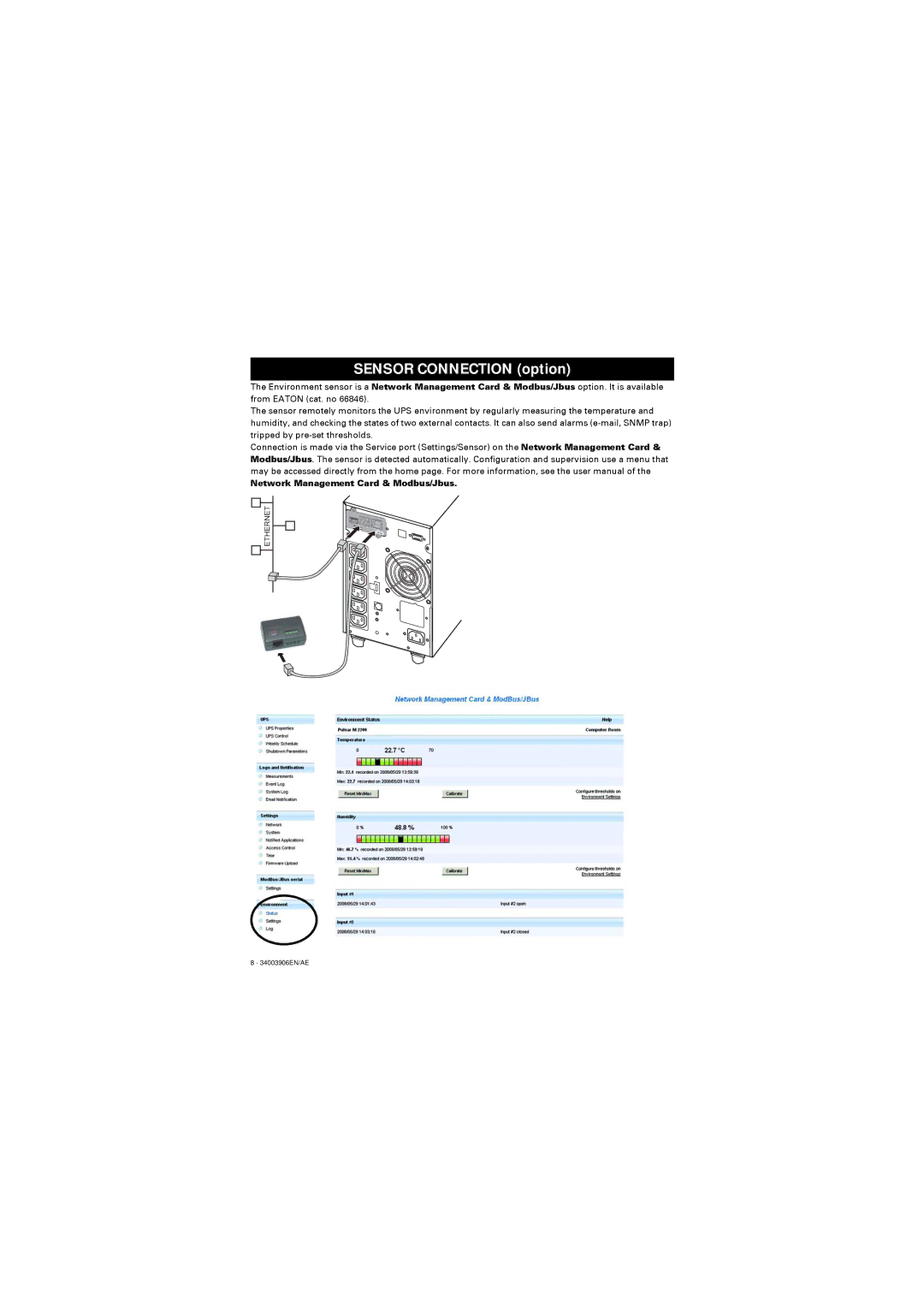 Eaton Electrical 66103 installation manual Sensor Connection option, Network Management Card & Modbus/Jbus 