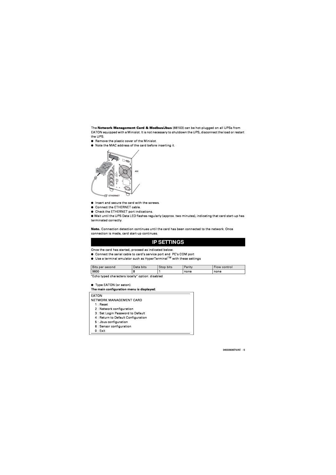 Eaton Electrical 66103 installation manual Ip Settings, The main configuration menu is displayed 