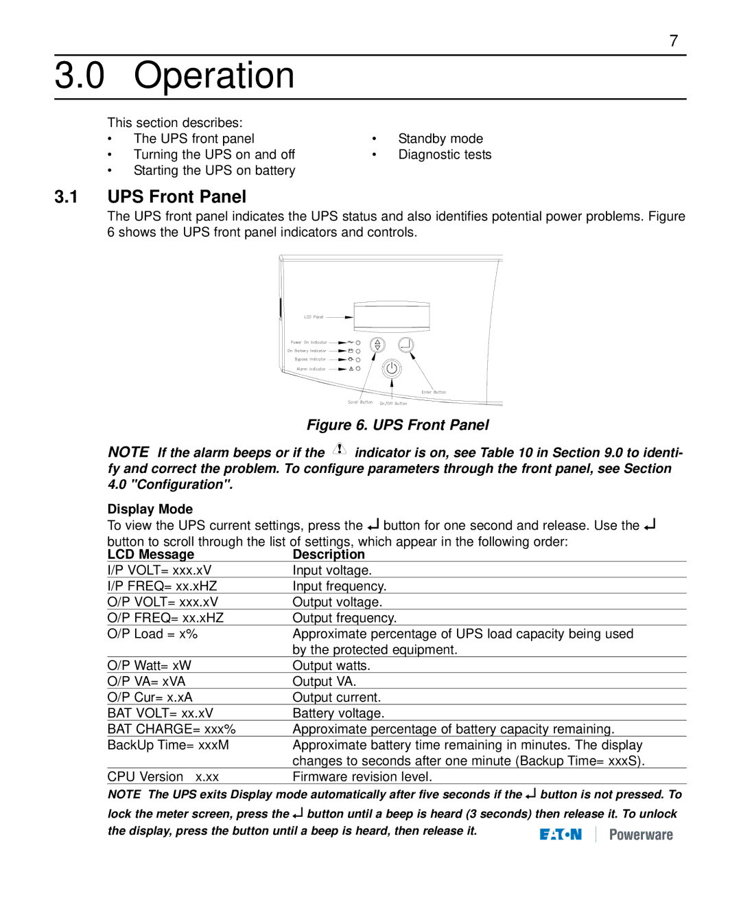 Eaton Electrical 9120 manual Operation, UPS Front Panel, Display Mode, LCD Message Description 