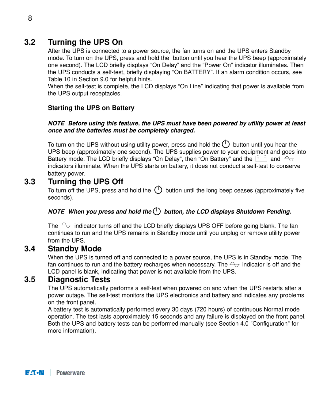 Eaton Electrical 9120 Turning the UPS On, Turning the UPS Off, Standby Mode, Diagnostic Tests, Starting the UPS on Battery 