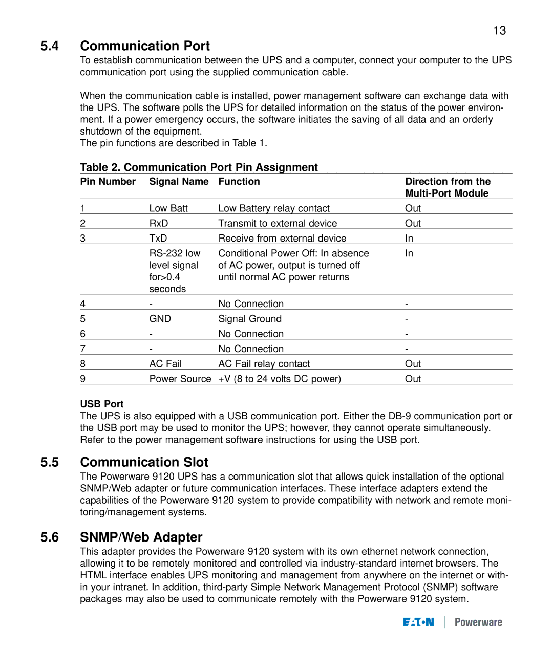 Eaton Electrical 9120 manual Communication Slot, SNMP/Web Adapter, Communication Port Pin Assignment, USB Port 