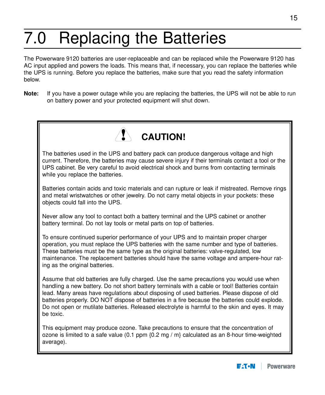 Eaton Electrical 9120 manual Replacing the Batteries 