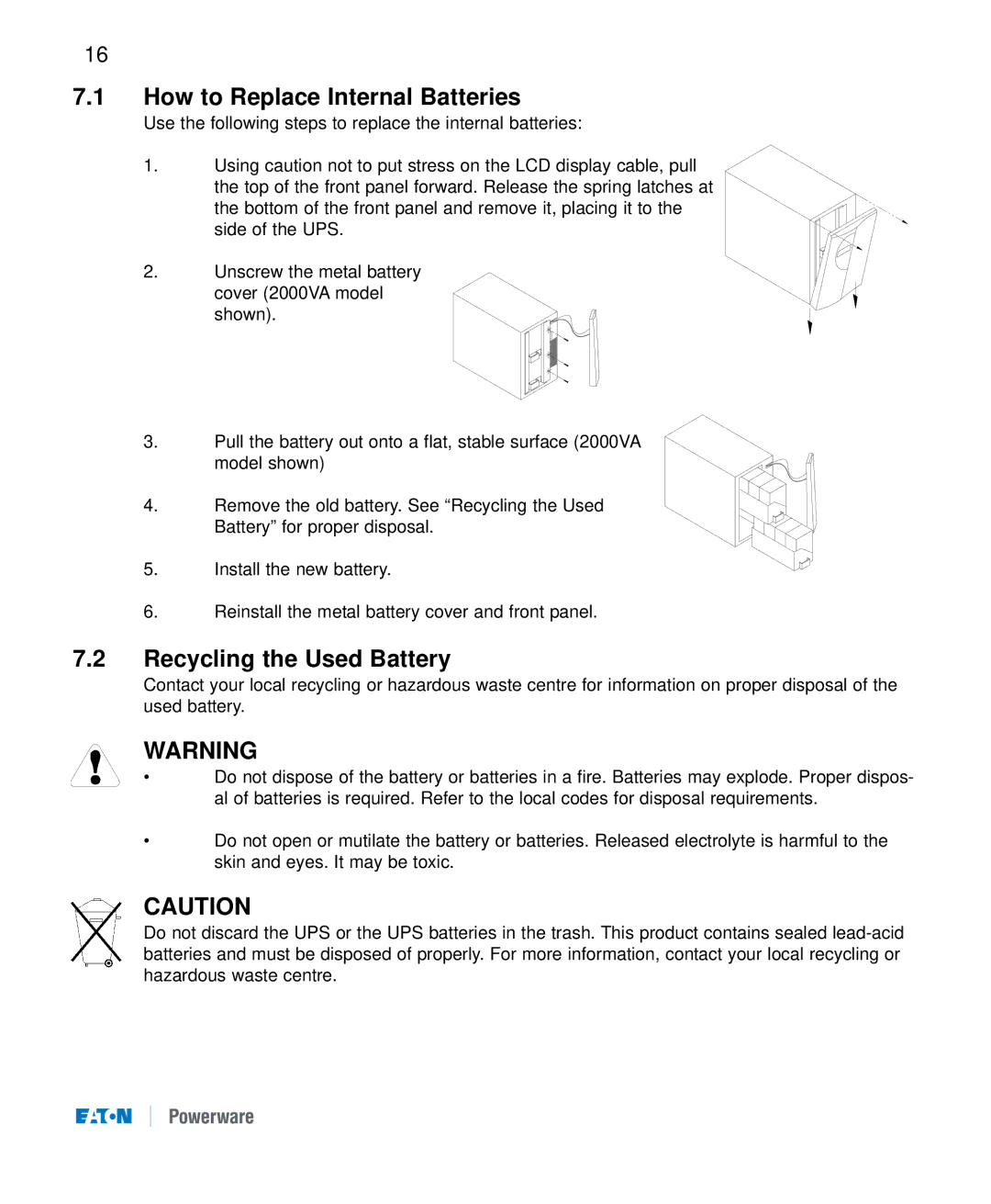 Eaton Electrical 9120 manual How to Replace Internal Batteries, Recycling the Used Battery 