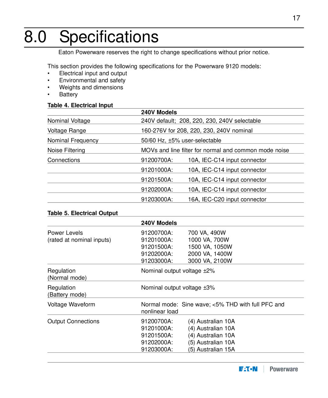 Eaton Electrical 9120 manual Specifications, Electrical Input 240V Models, Electrical Output 240V Models 