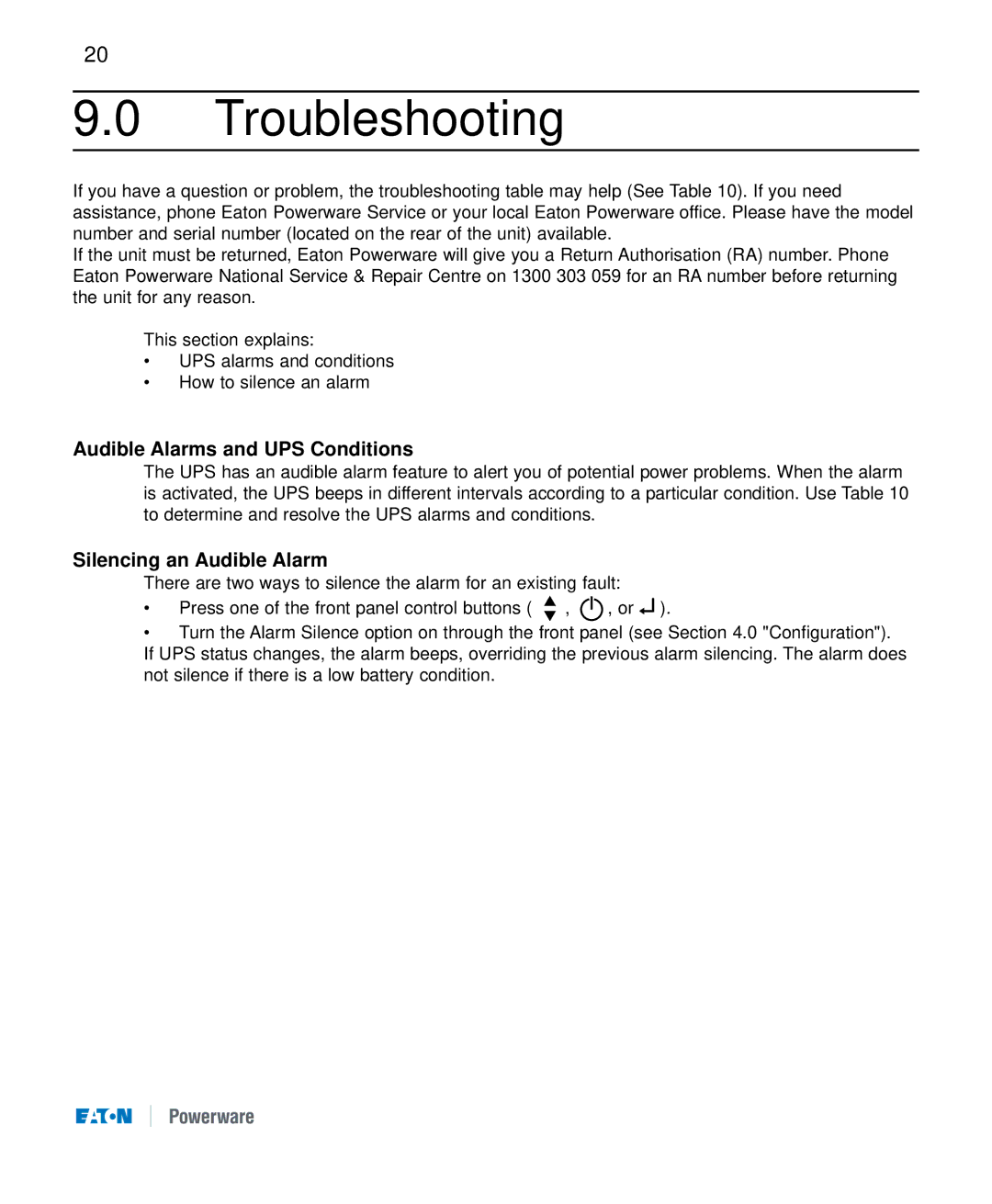 Eaton Electrical 9120 manual Troubleshooting, Audible Alarms and UPS Conditions, Silencing an Audible Alarm 