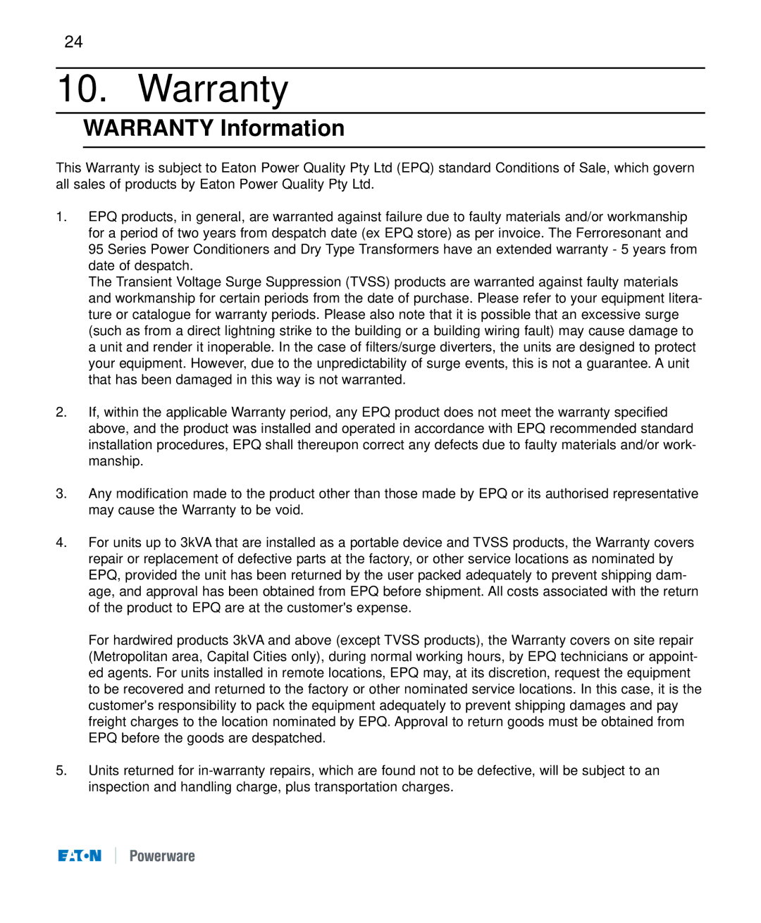 Eaton Electrical 9120 manual Warranty Information 