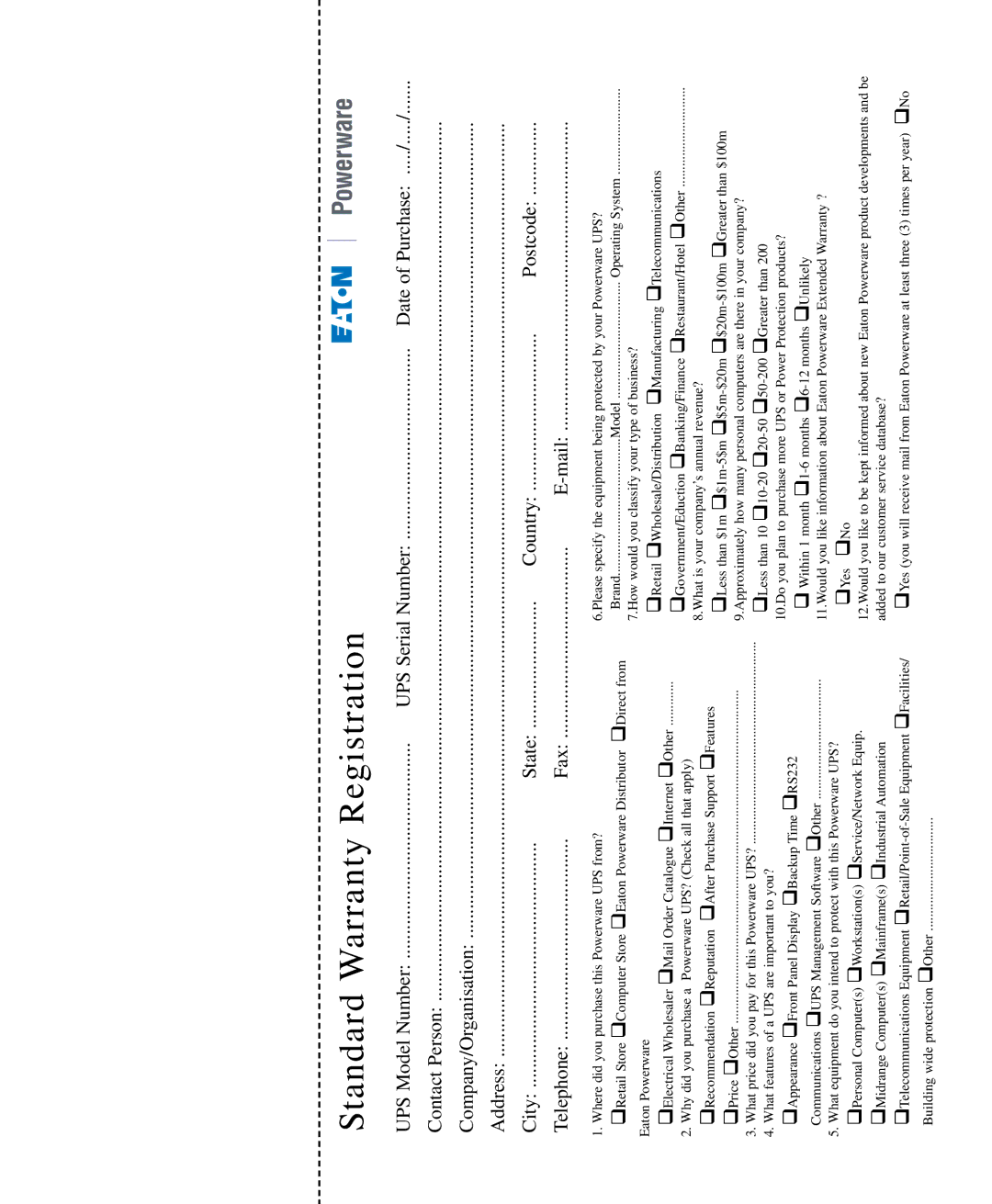 Eaton Electrical 9120 manual Standard Warranty Registration 