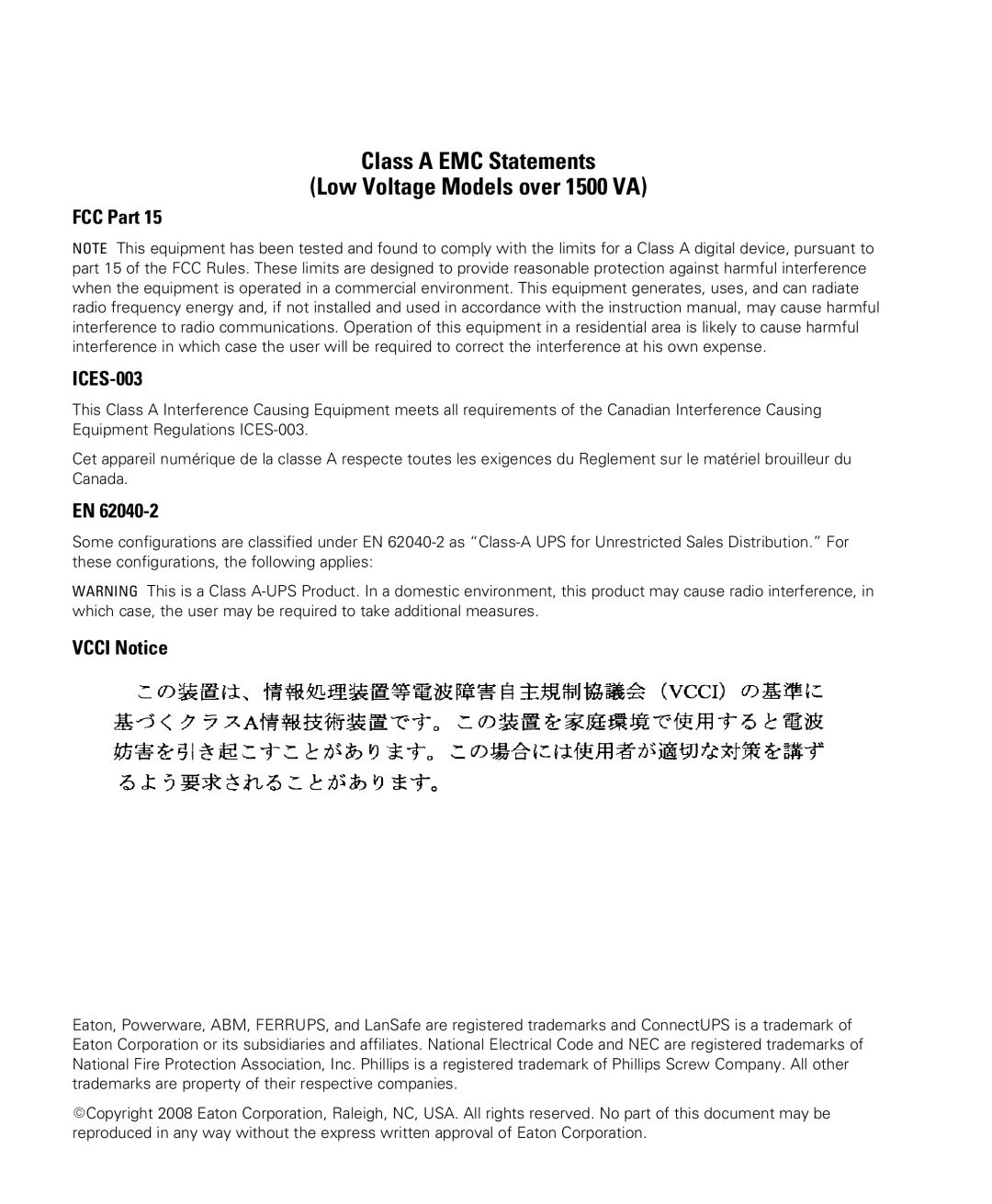 Eaton Electrical 9130 manual Class a EMC Statements Low Voltage Models over 1500 VA, FCC Part ICES-003 