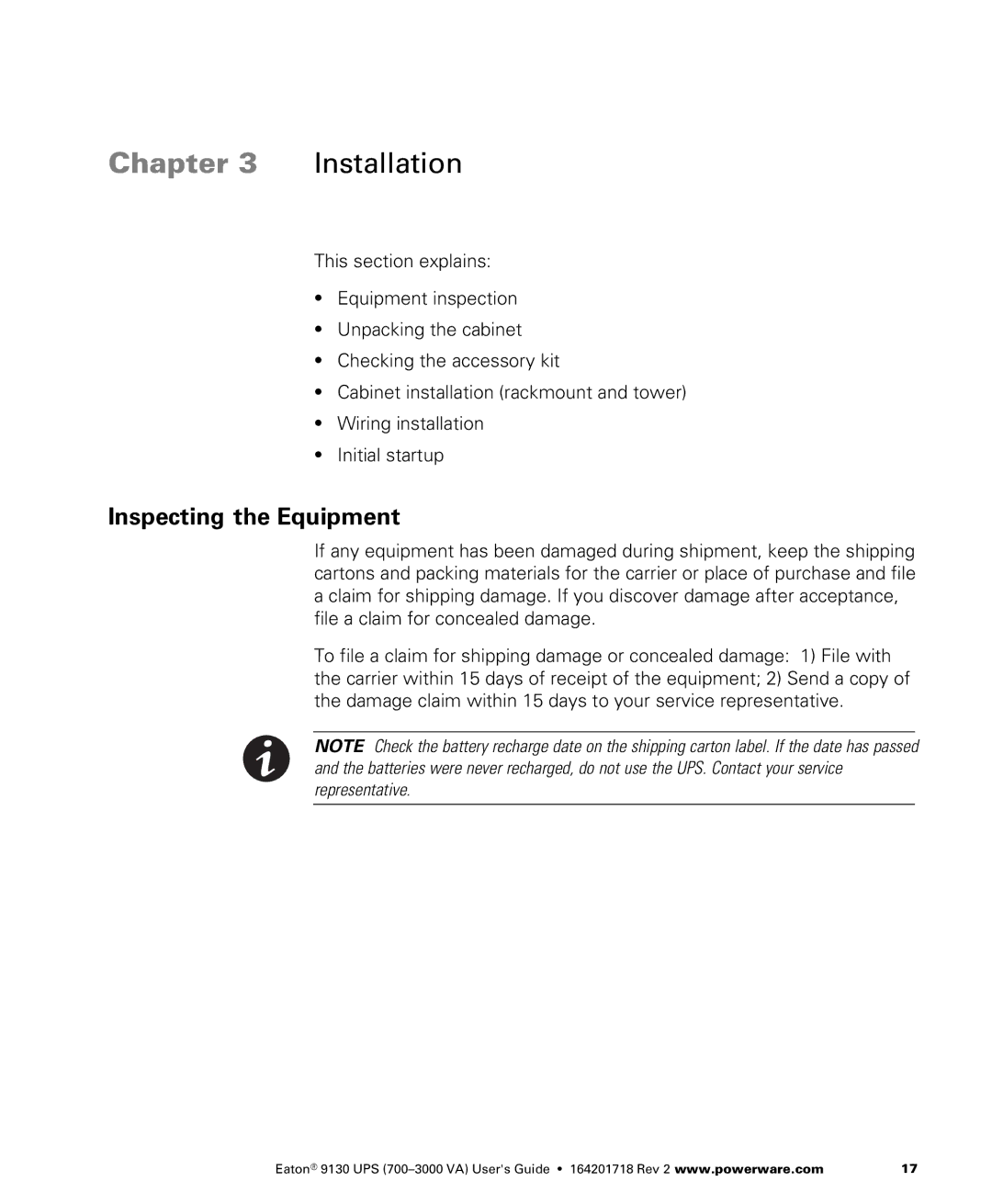 Eaton Electrical 9130 manual Chapter Installation, ÊInspecting the Equipment 