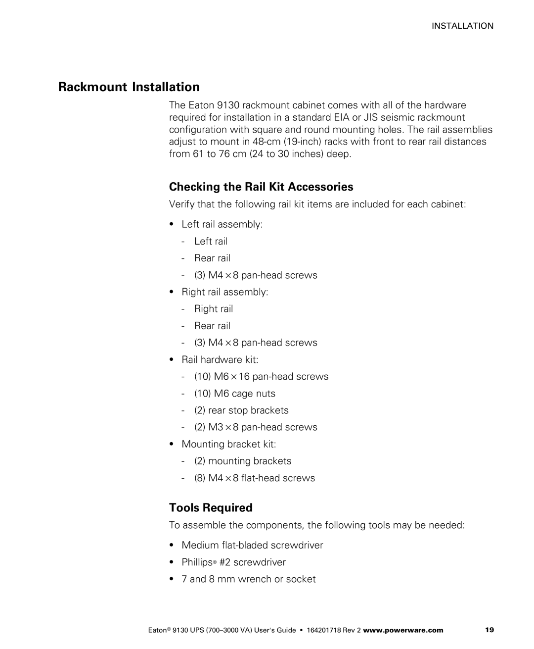 Eaton Electrical 9130 manual ÊRackmount Installation, Checking the Rail Kit Accessories, Tools Required 