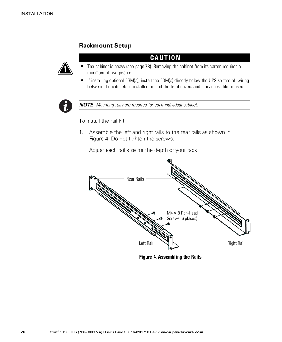 Eaton Electrical 9130 manual Rackmount Setup, Assembling the Rails 