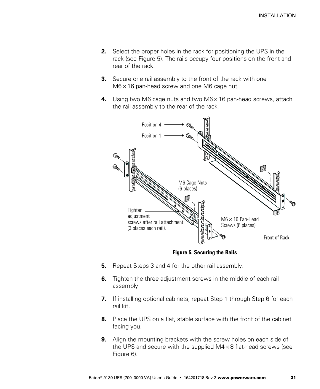 Eaton Electrical 9130 manual Securing the Rails 