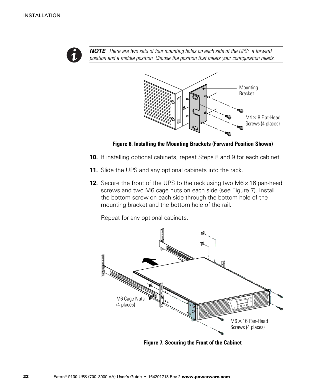 Eaton Electrical 9130 manual Installing the Mounting Brackets Forward Position Shown 