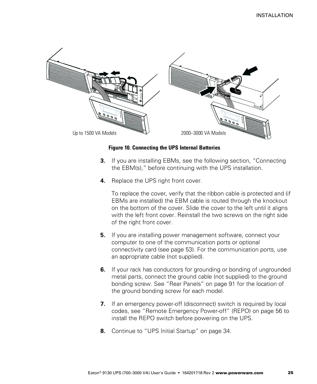 Eaton Electrical 9130 manual Connecting the UPS Internal Batteries 