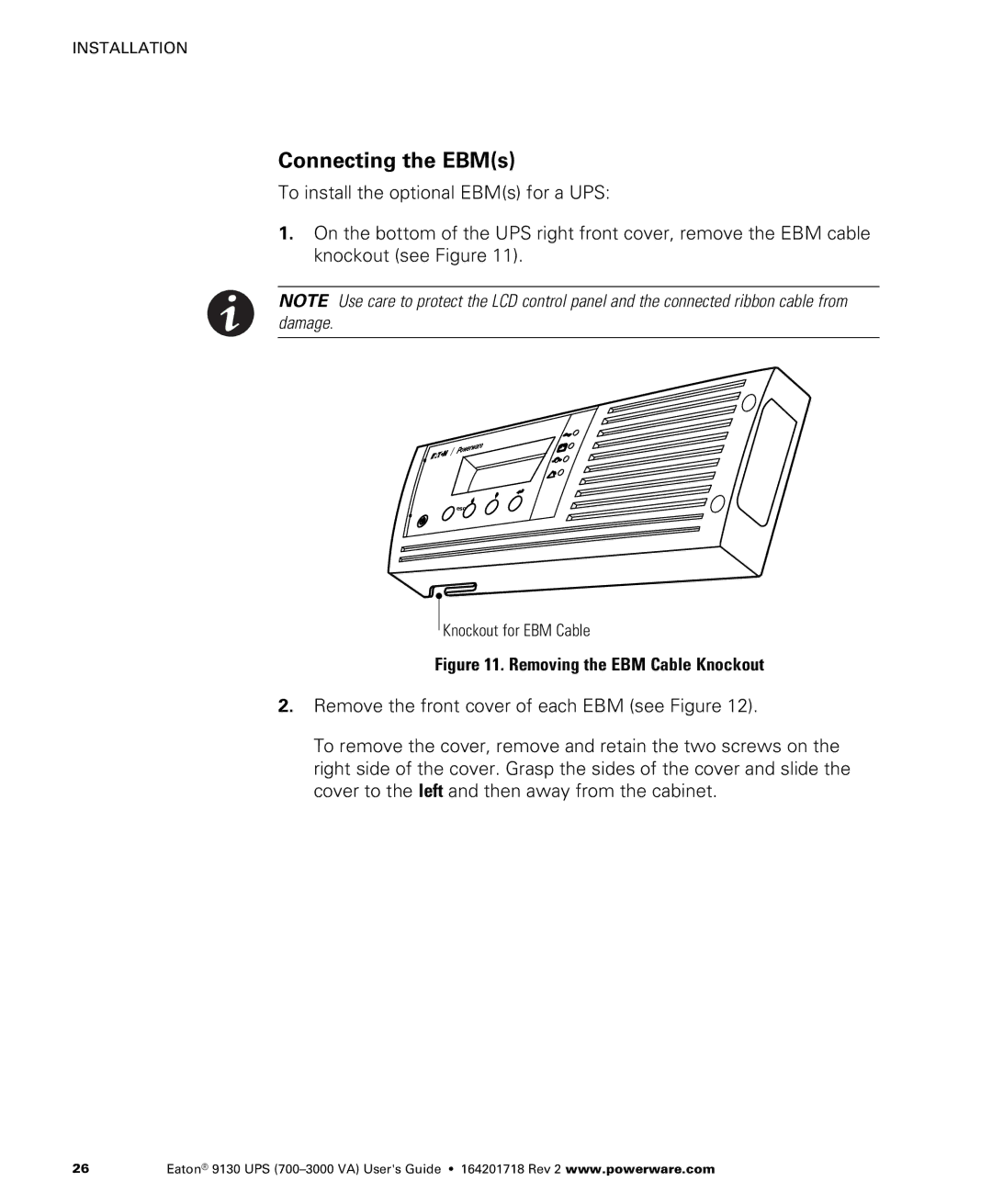 Eaton Electrical 9130 manual Connecting the EBMs, Removing the EBM Cable Knockout 