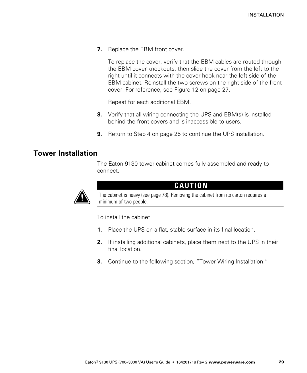 Eaton Electrical 9130 manual ÊTower Installation 
