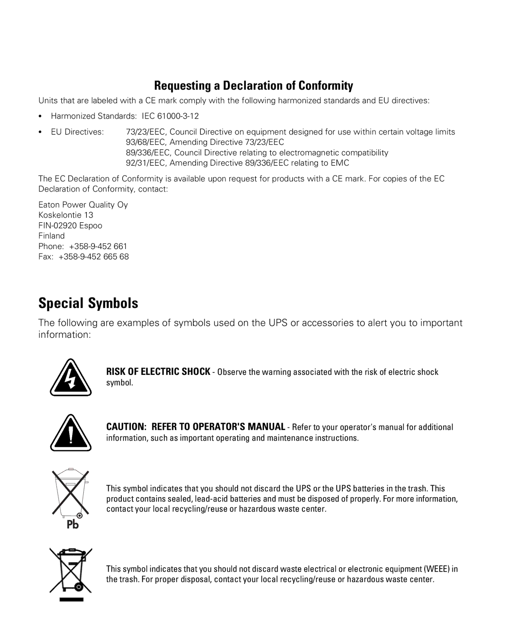 Eaton Electrical 9130 manual Special Symbols, Requesting a Declaration of Conformity 