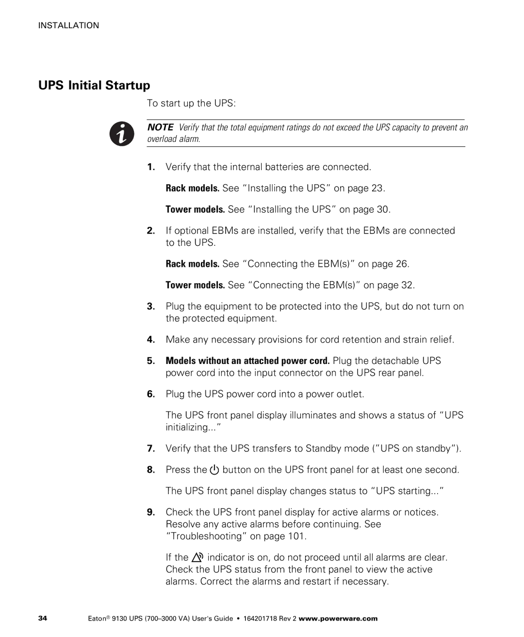 Eaton Electrical 9130 manual Êups Initial Startup, To start up the UPS 