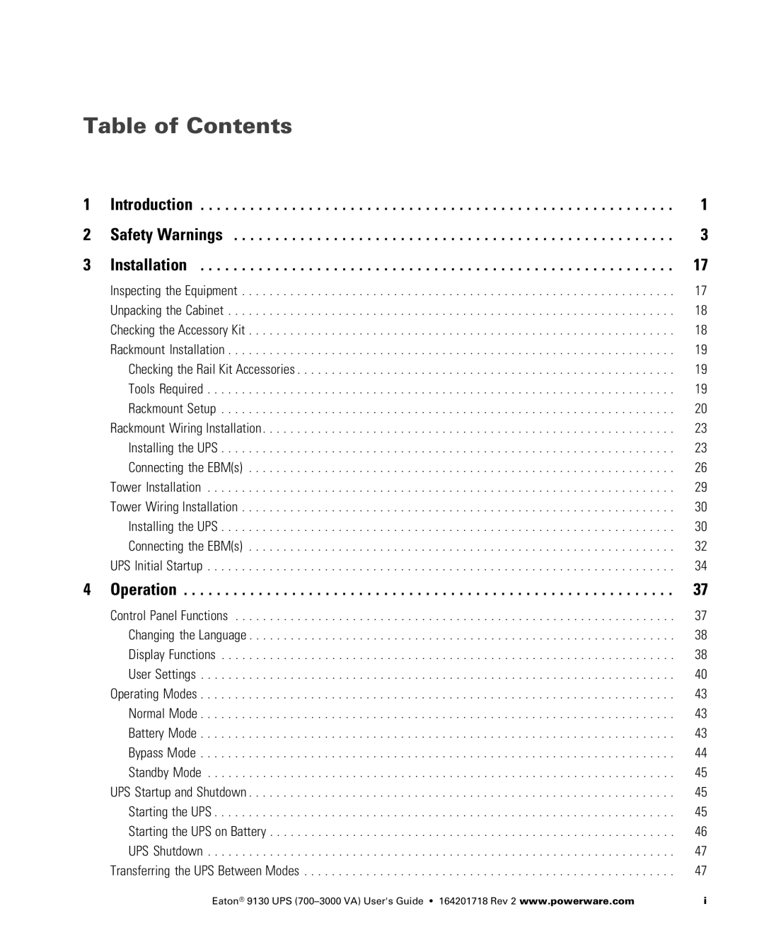 Eaton Electrical 9130 manual Table of Contents 