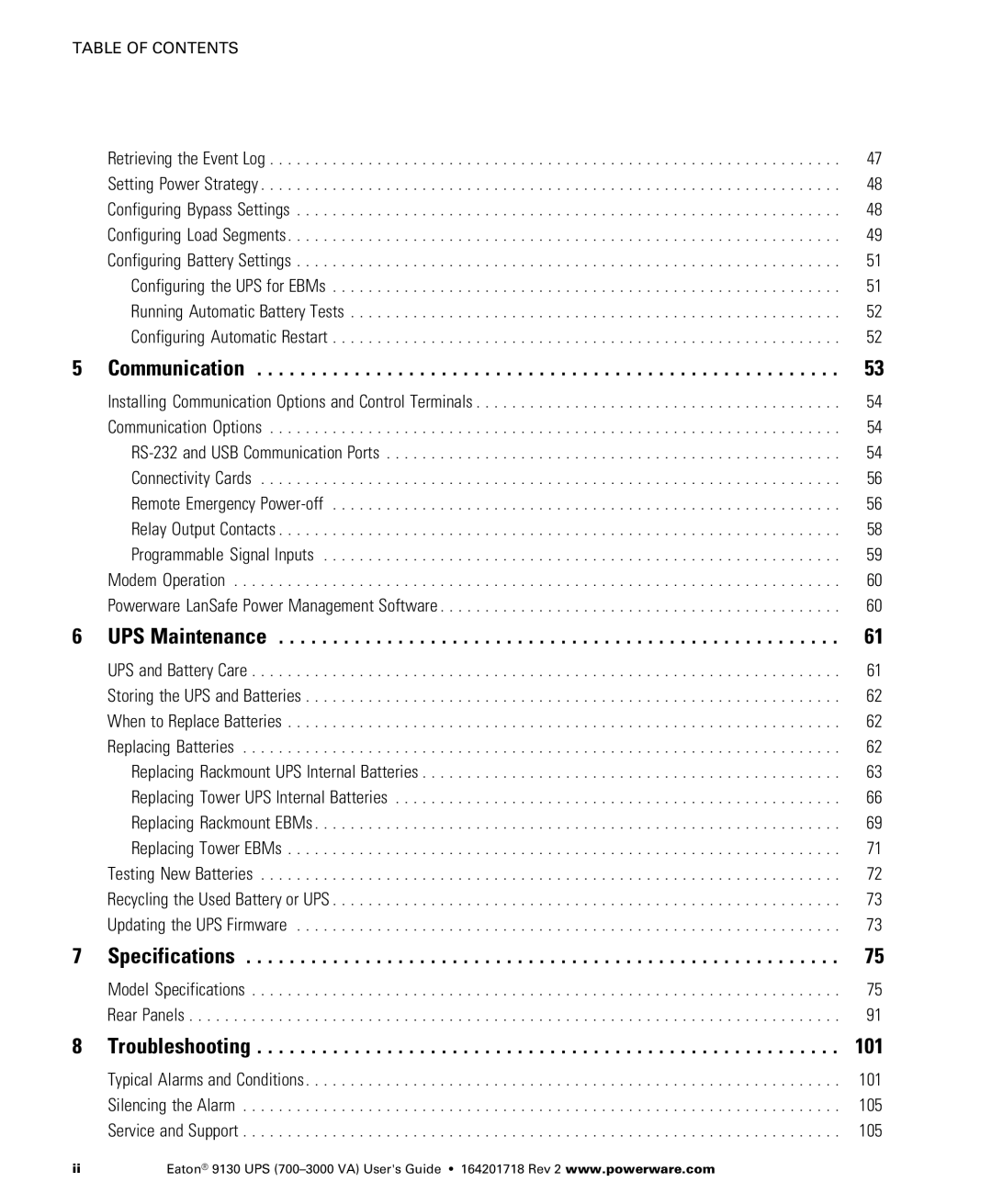 Eaton Electrical 9130 manual 101, Communication, UPS Maintenance, Specifications, Troubleshooting 