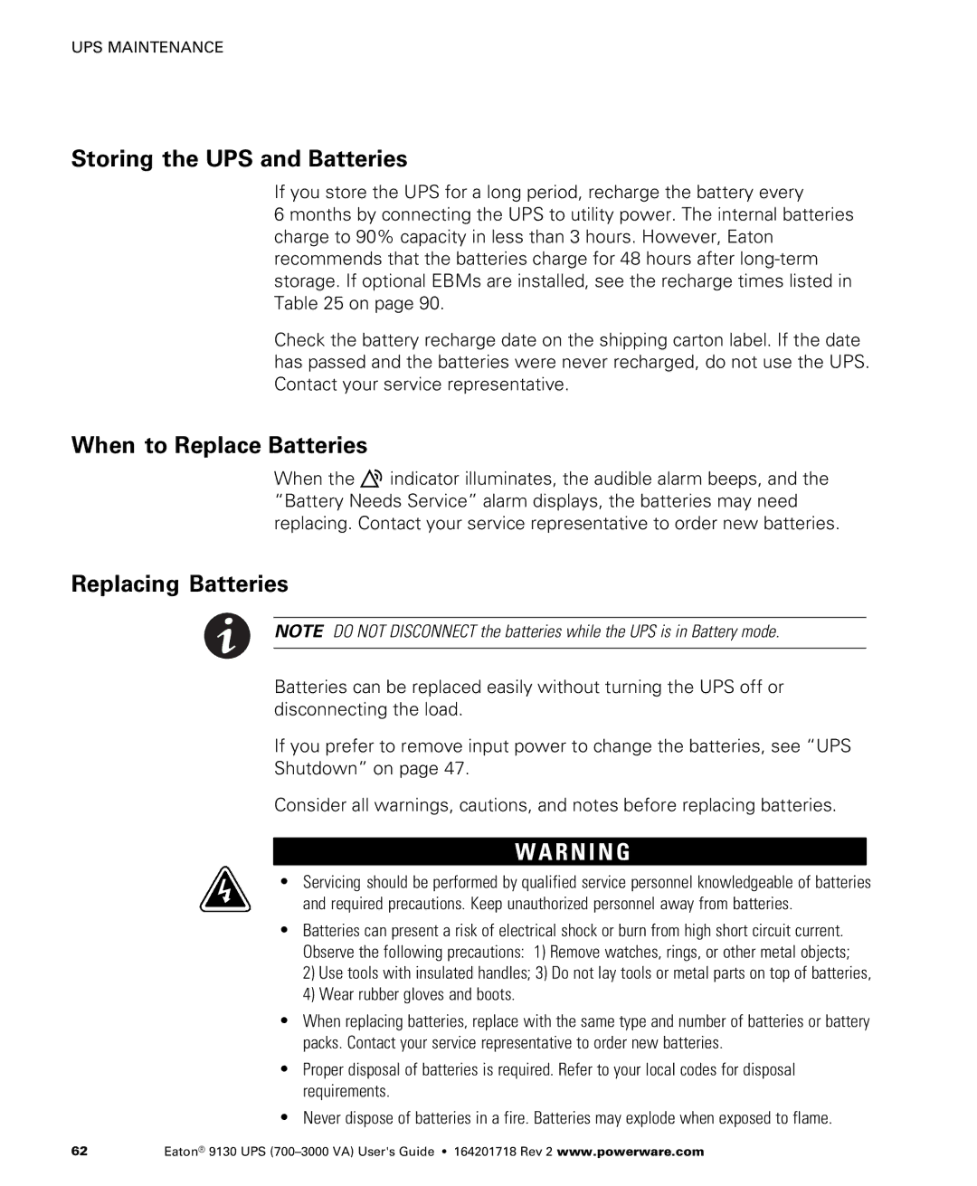 Eaton Electrical 9130 manual ÊStoring the UPS and Batteries, ÊWhen to Replace Batteries, ÊReplacing Batteries 