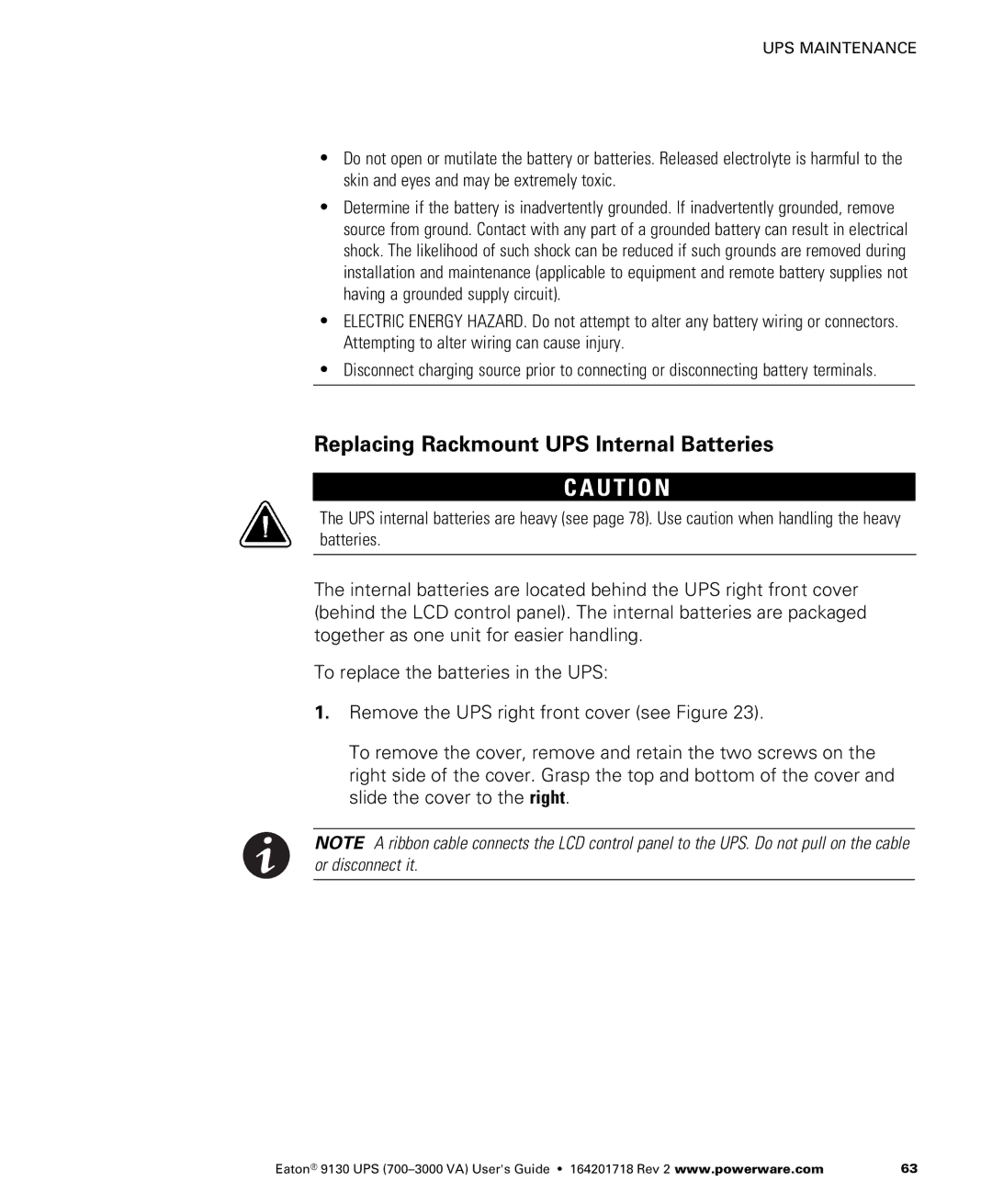 Eaton Electrical 9130 manual U T I O N, Replacing Rackmount UPS Internal Batteries 