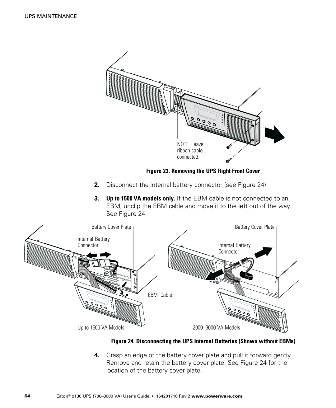 Eaton Electrical 9130 manual Disconnecting the UPS Internal Batteries Shown without EBMs 