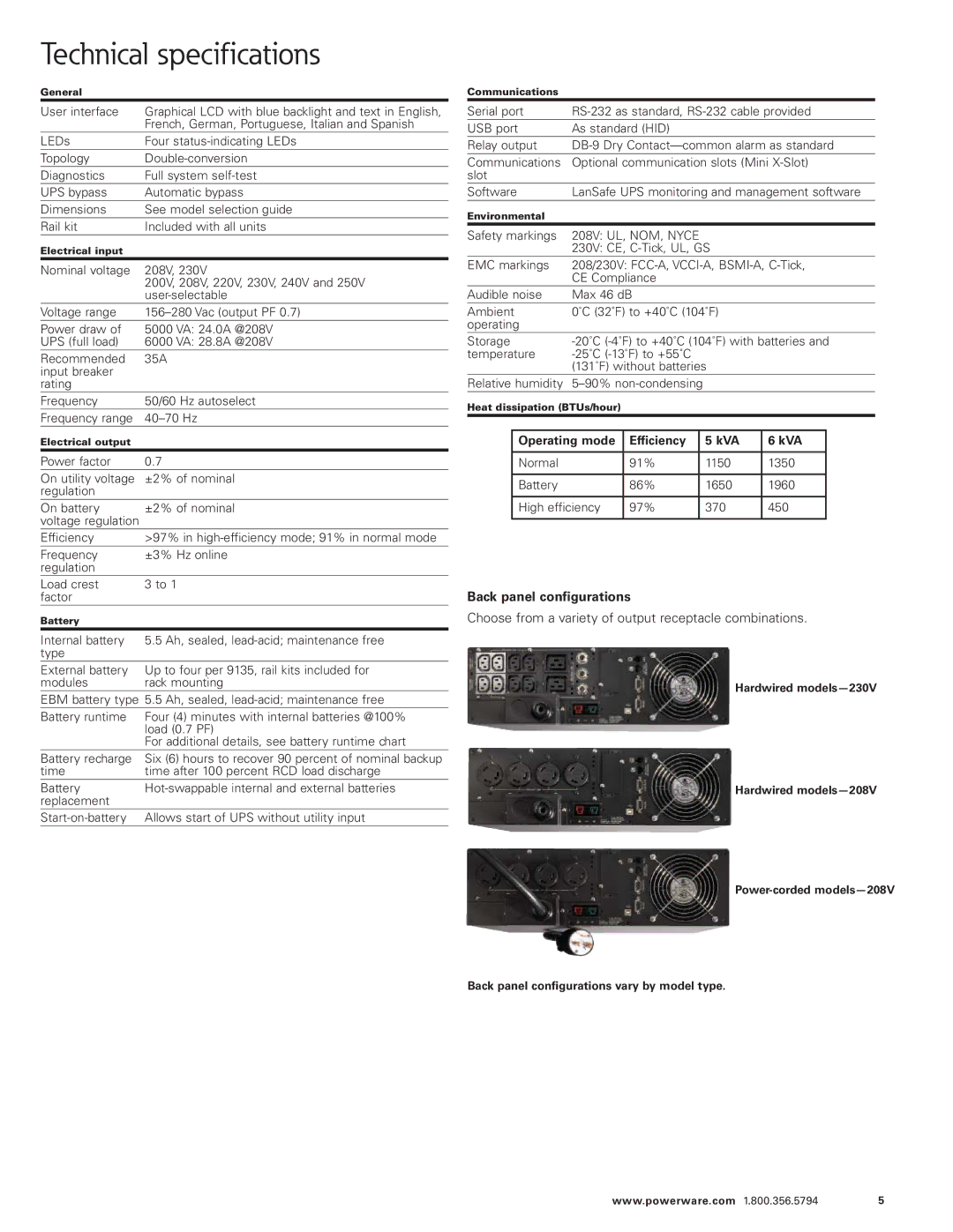 Eaton Electrical 9135 warranty Safety markings, Operating mode Efficiency KVA, Back panel configurations 