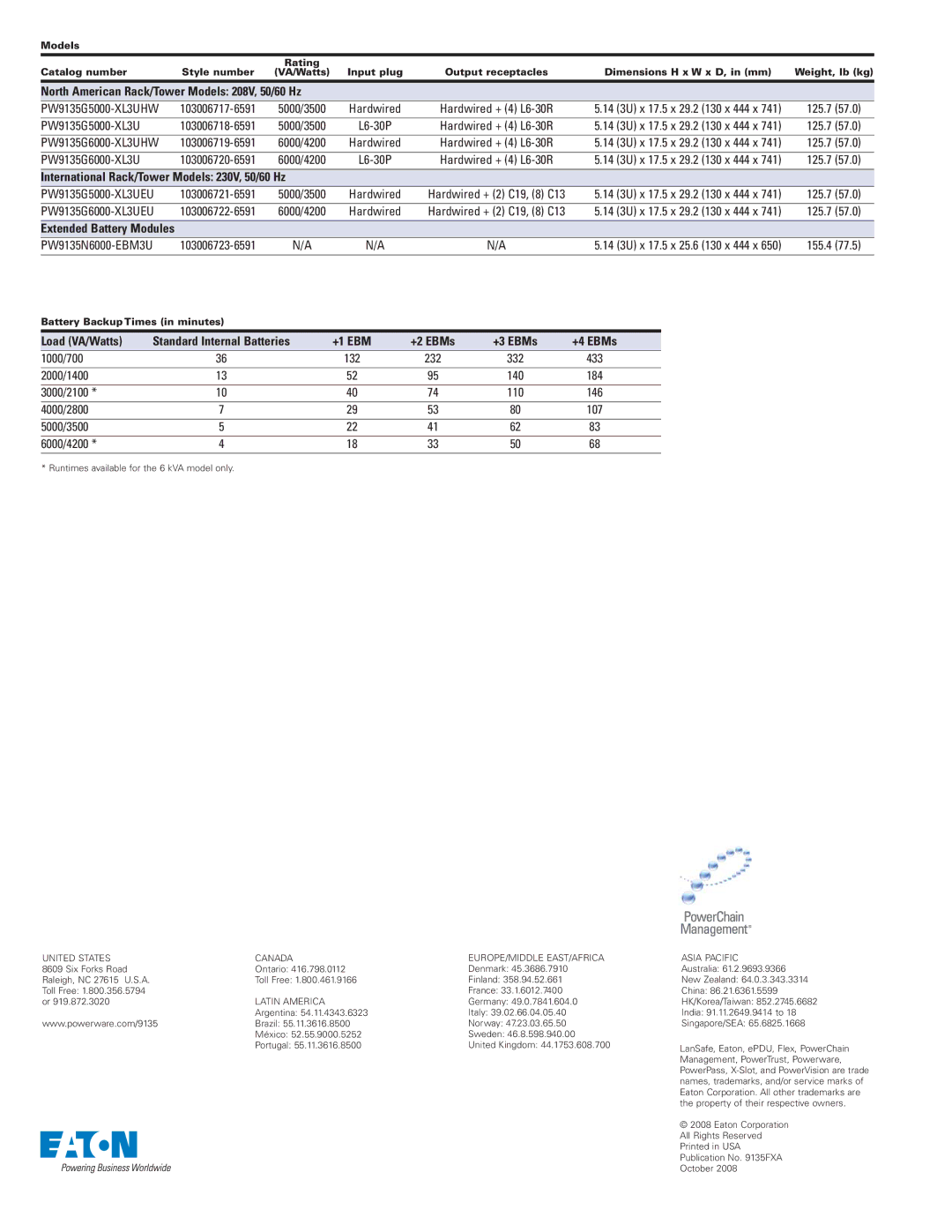 Eaton Electrical PW9135G5000-XL3UEU, PW9135G6000-XL3UEU, 1000/700, 2000/1400, 3000/2100, 4000/2800, 5000/3500 6000/4200 