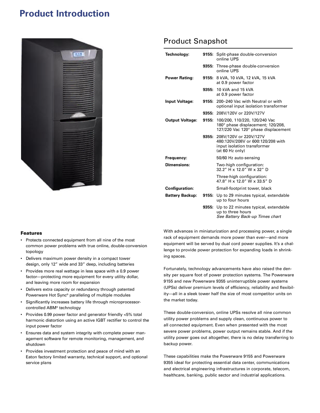 Eaton Electrical 9155 manual Product Introduction 