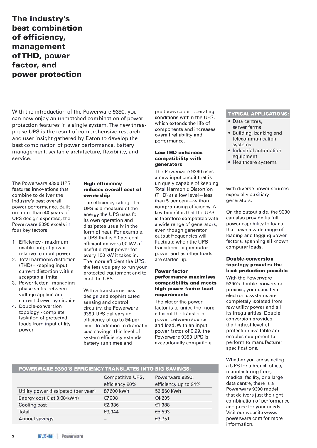 Eaton Electrical 9390 Low THD enhances compatibility with generators, High efficiency reduces overall cost of ownership 