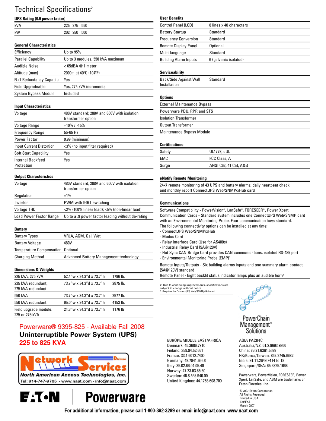 Eaton Electrical 9825 UPS Rating 0.9 power factor, Input Characteristics, Battery, User Benefits, Serviceability, Options 