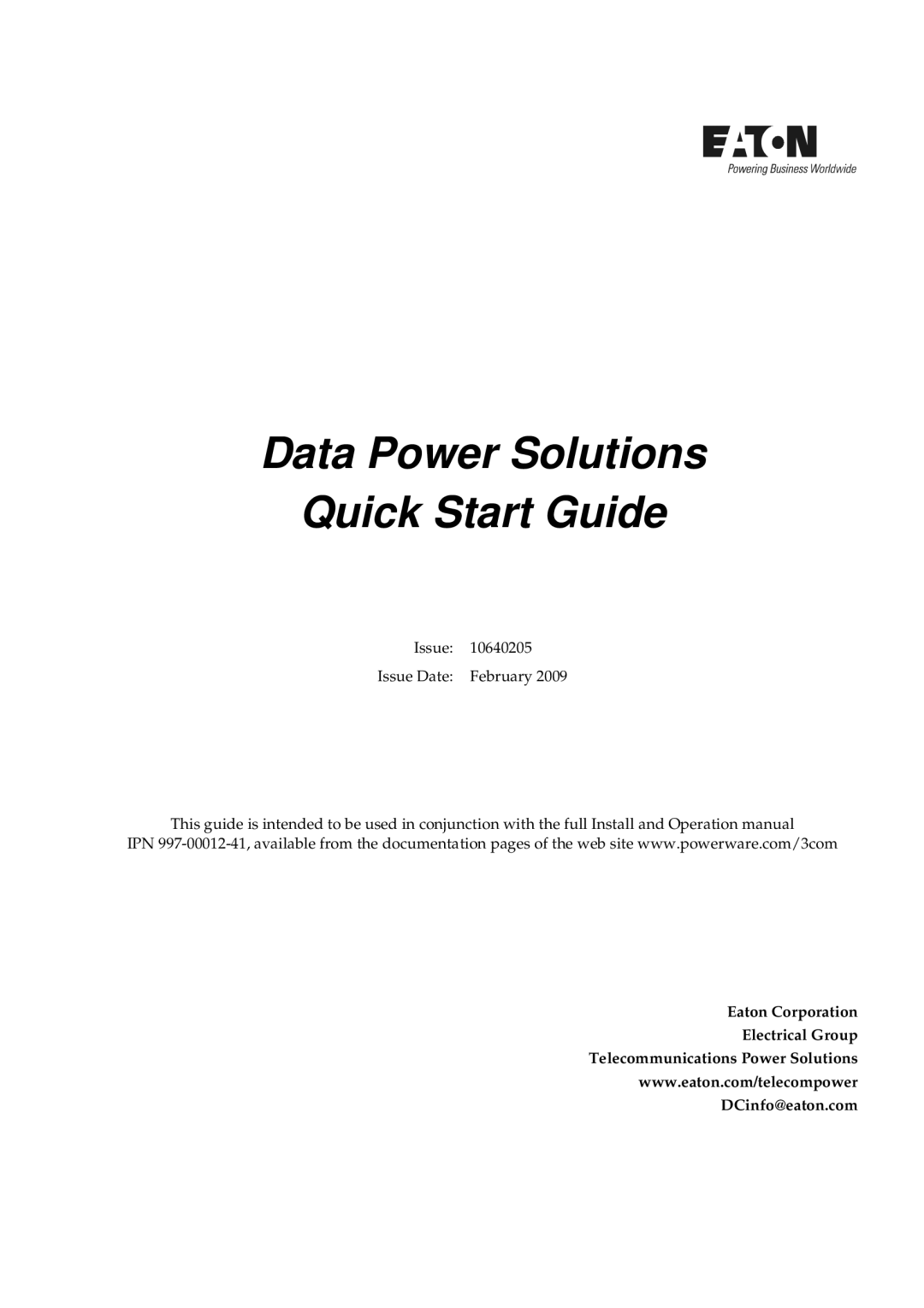 Eaton Electrical 10640205, APR48 quick start Data Power Solutions Quick Start Guide 