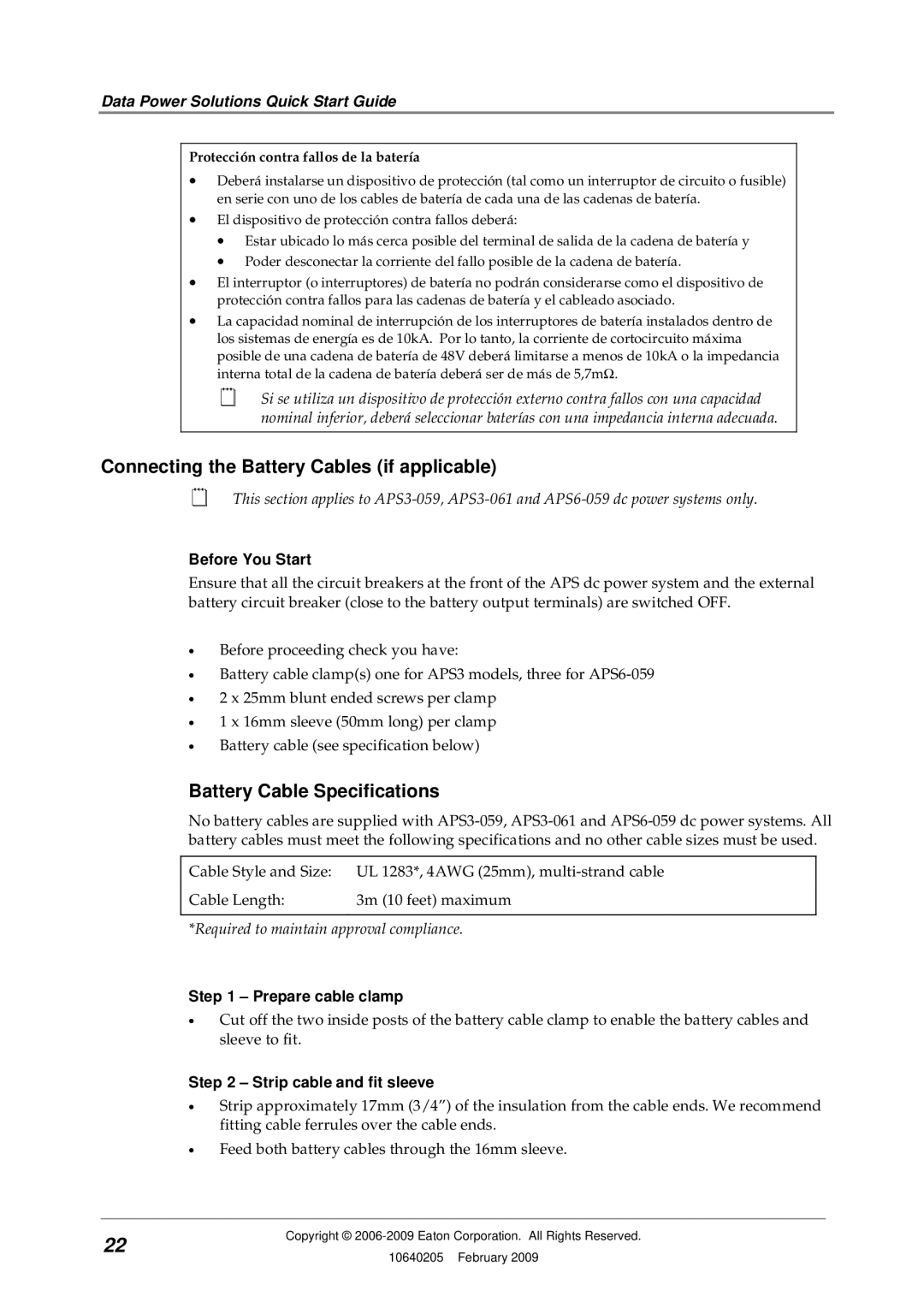 Eaton Electrical APR48 Battery Cable Specifications, Before You Start, Prepare cable clamp, Strip cable and fit sleeve 