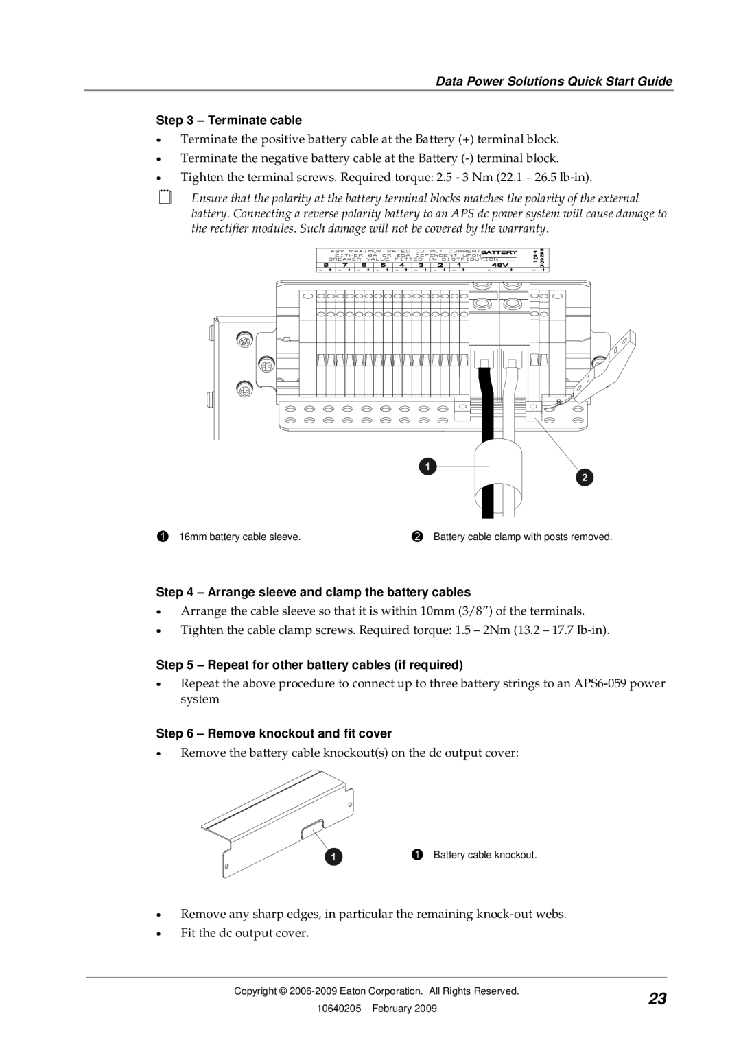 Eaton Electrical 10640205 Terminate cable, Arrange sleeve and clamp the battery cables, Remove knockout and fit cover 