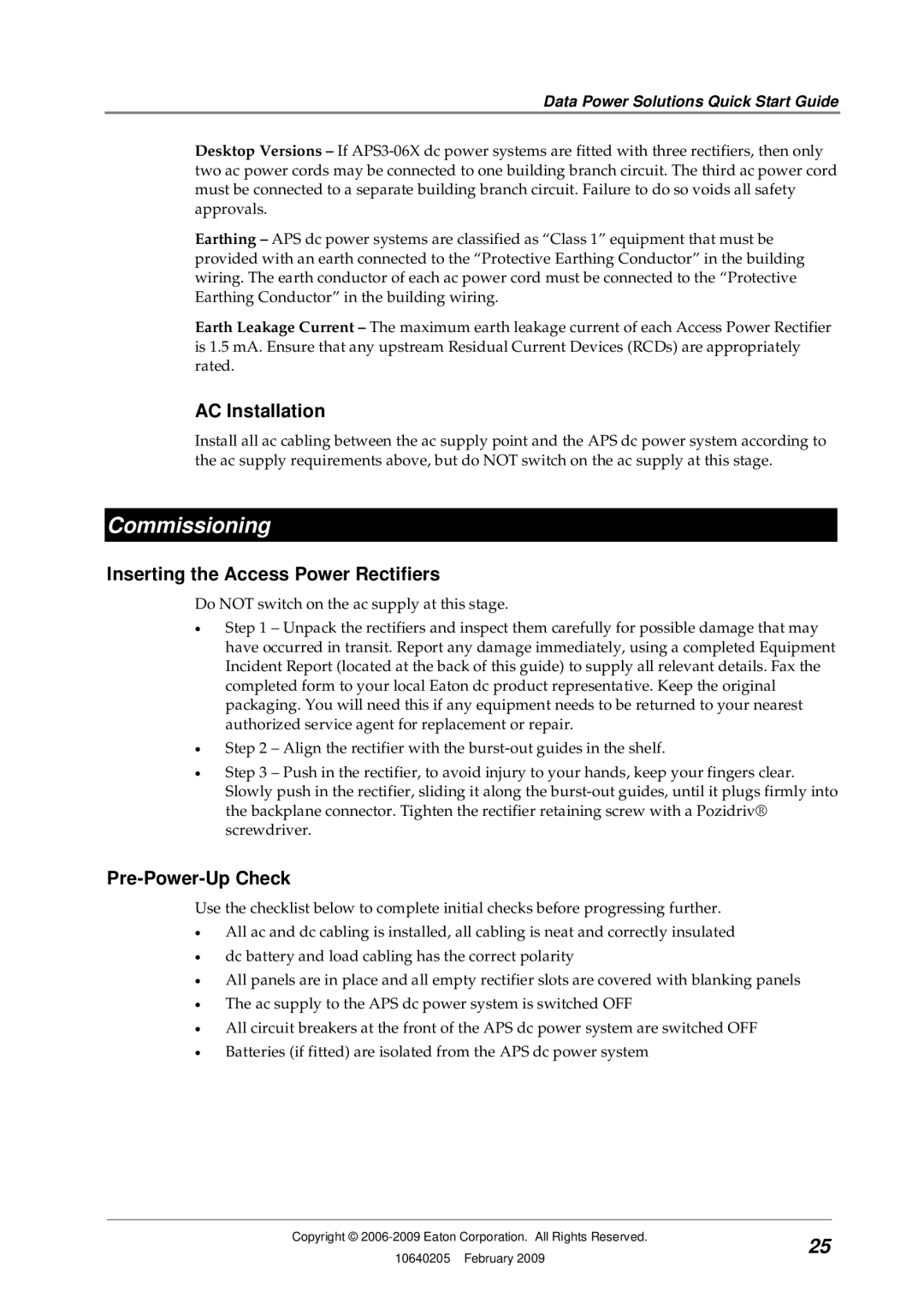 Eaton Electrical 10640205, APR48 Commissioning, AC Installation, Inserting the Access Power Rectifiers, Pre-Power-Up Check 