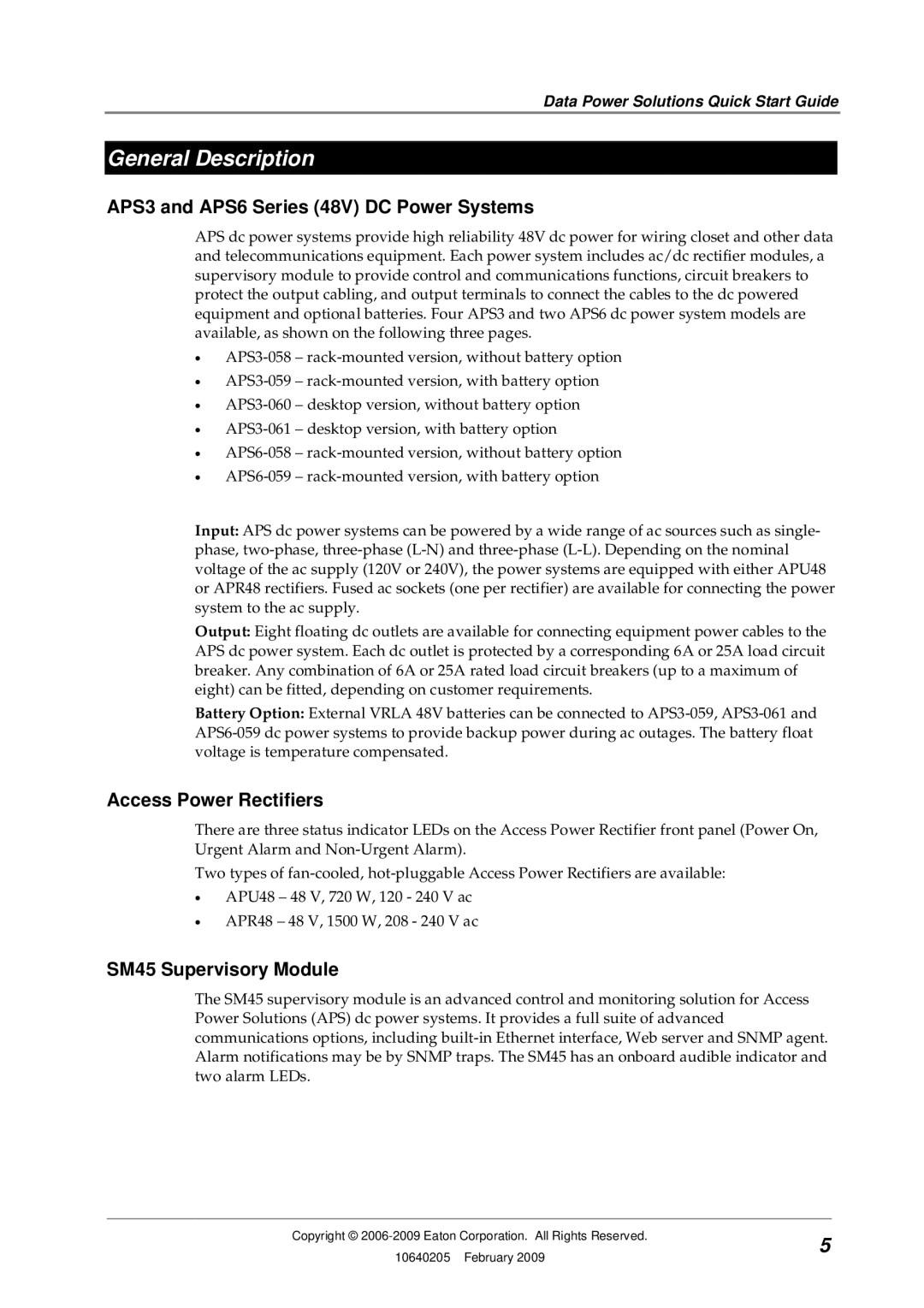 Eaton Electrical 10640205, APR48 General Description, APS3 and APS6 Series 48V DC Power Systems, Access Power Rectifiers 