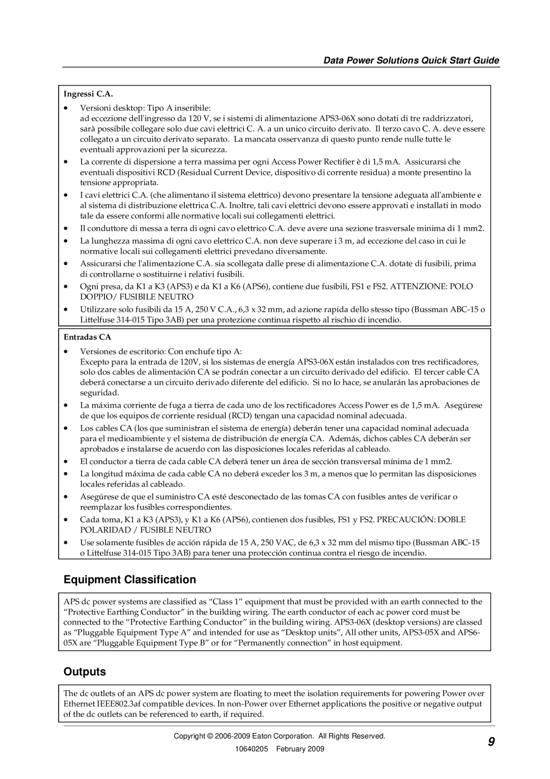 Eaton Electrical 10640205, APR48 quick start Equipment Classification, Outputs, Ingressi C.A, Entradas CA 