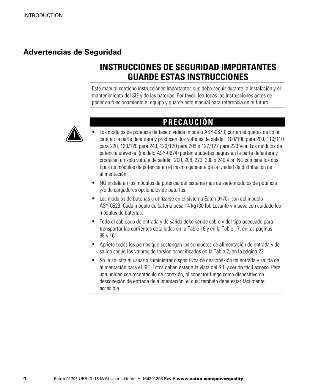 Eaton Electrical ASY0567, ASY0673, ASY0529, ASY0674 manual Advertencias de Seguridad, E C a U C I Ó N 