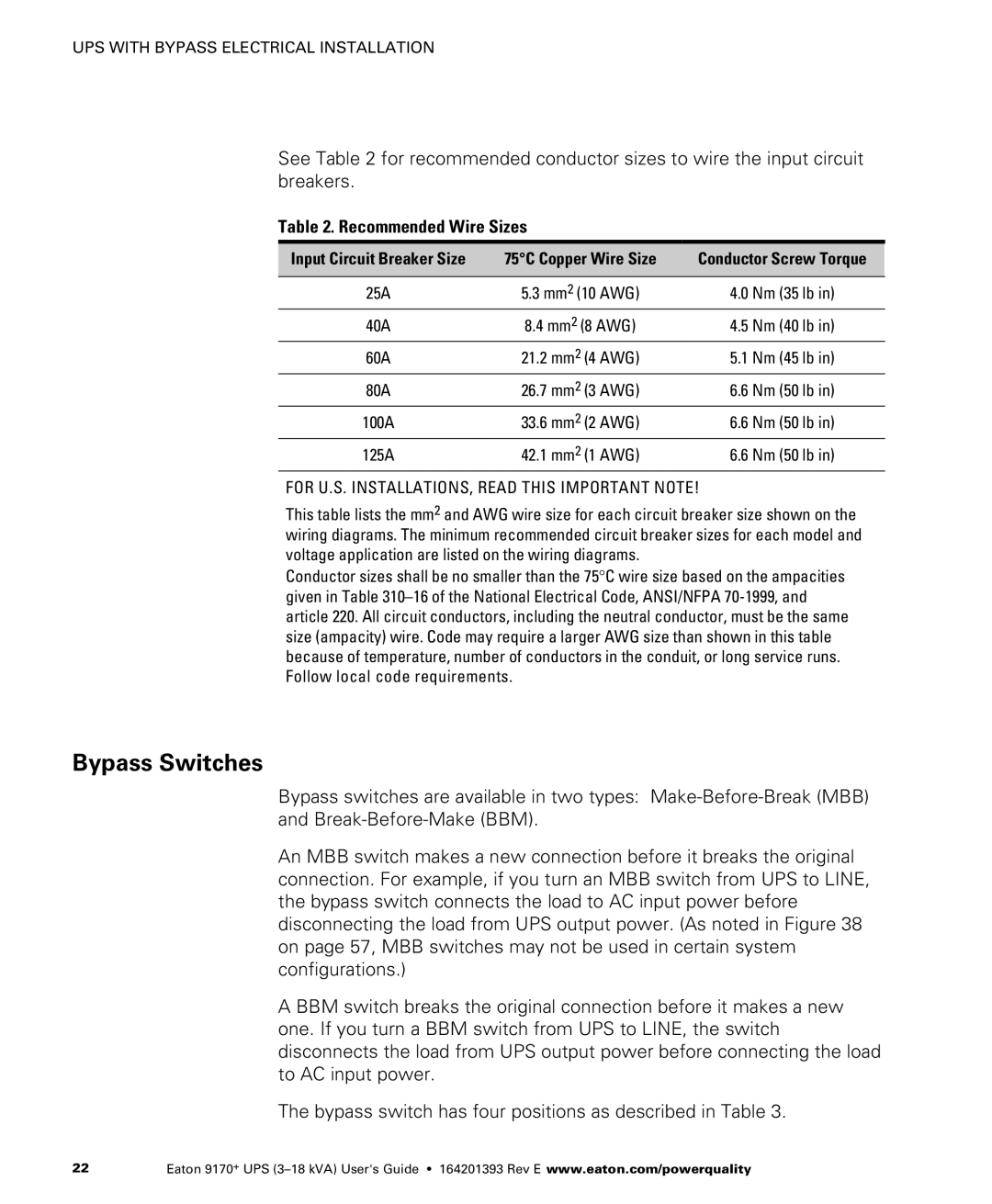 Eaton Electrical ASY0673, ASY0529 Bypass Switches, Recommended Wire Sizes, Input Circuit Breaker Size 75C Copper Wire Size 