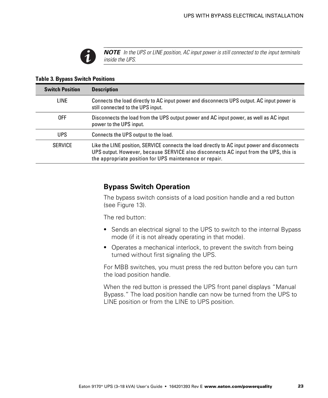 Eaton Electrical ASY0529, ASY0673, ASY0567, ASY0674 manual Bypass Switch Positions, Description 