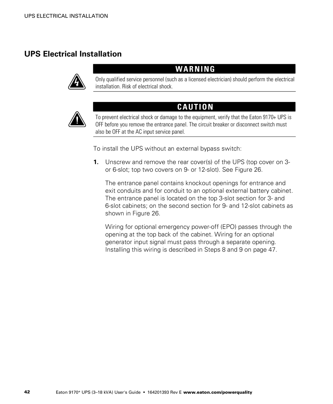 Eaton Electrical ASY0673, ASY0529, ASY0567, ASY0674 manual UPS Electrical Installation 