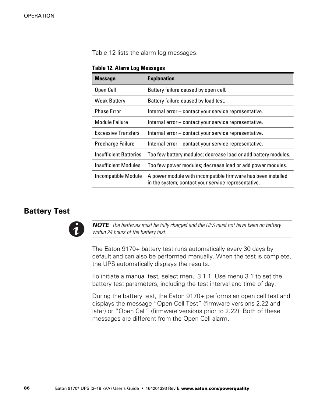 Eaton Electrical ASY0673, ASY0529, ASY0567, ASY0674 manual Battery Test, Alarm Log Messages 