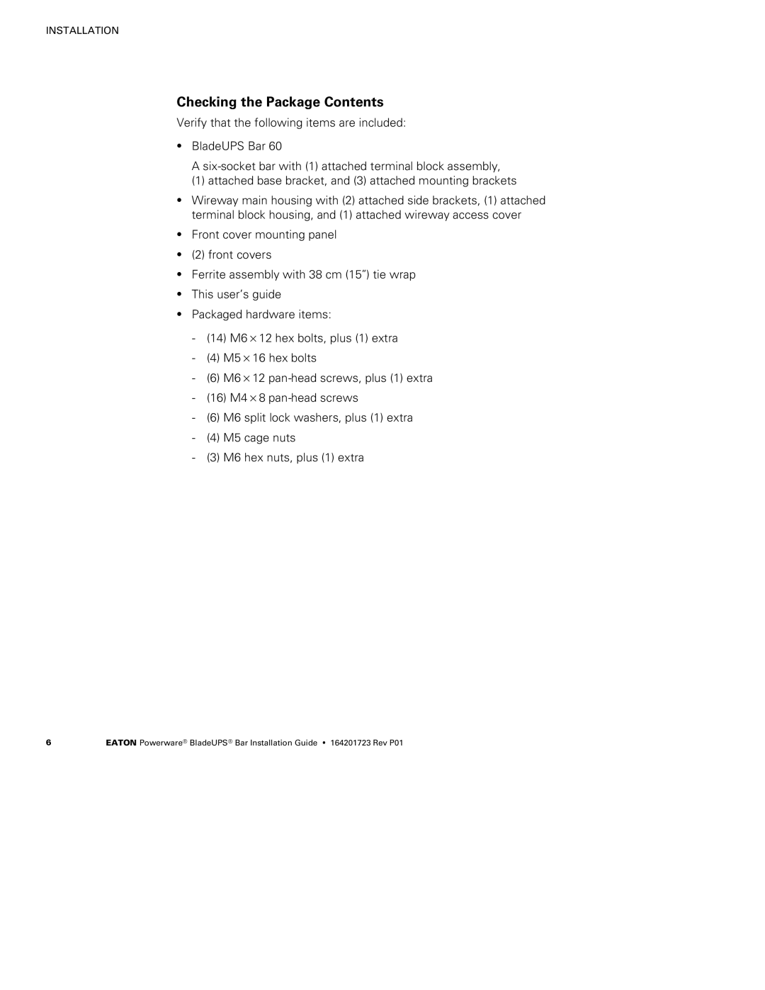 Eaton Electrical BladeUPS Bar manual Checking the Package Contents 