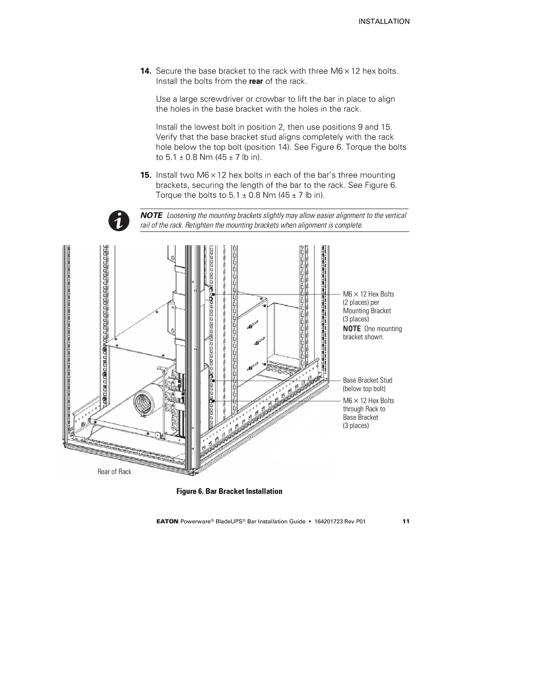 Eaton Electrical BladeUPS Bar manual Bar Bracket Installation 