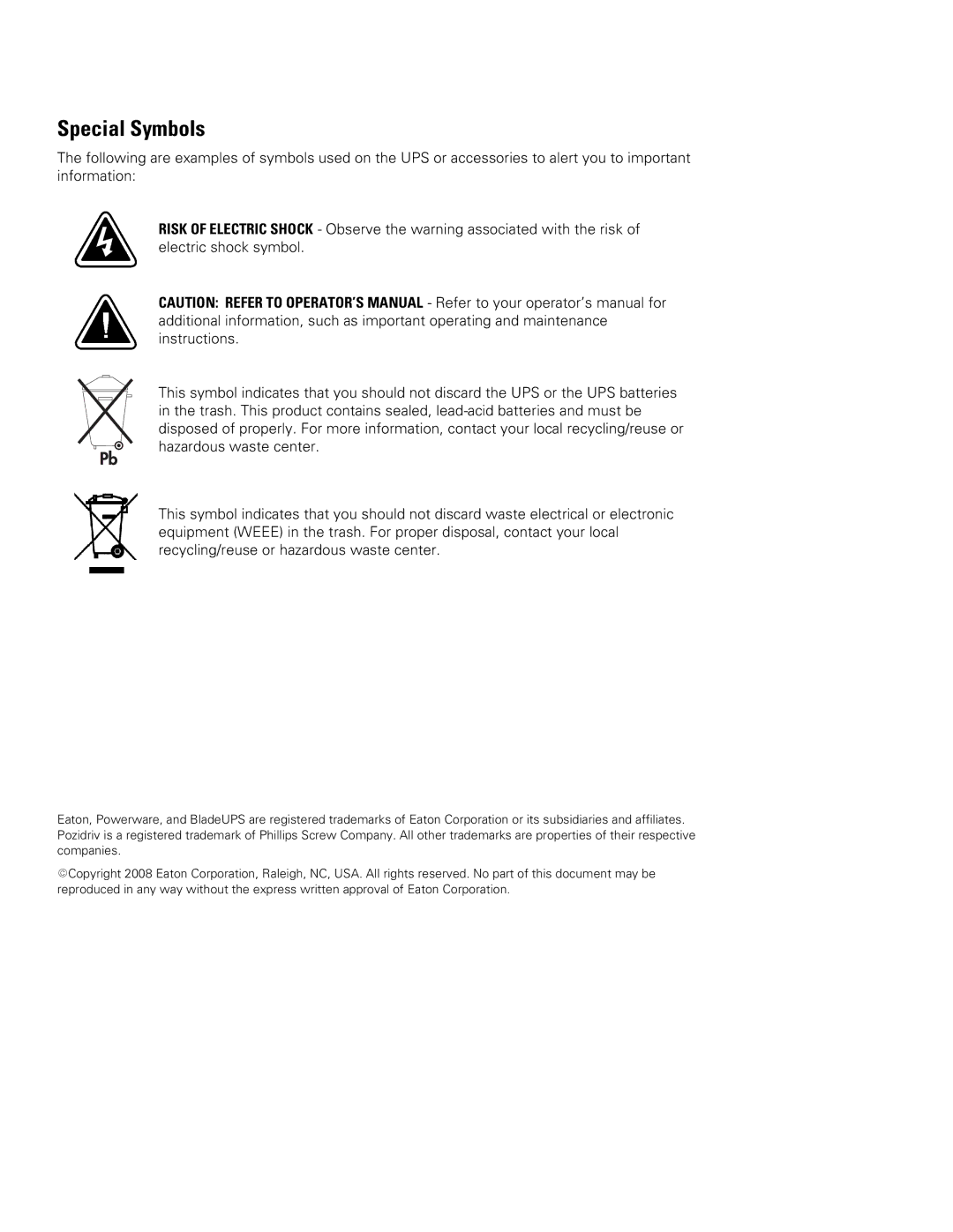 Eaton Electrical BladeUPS Bar manual Special Symbols 