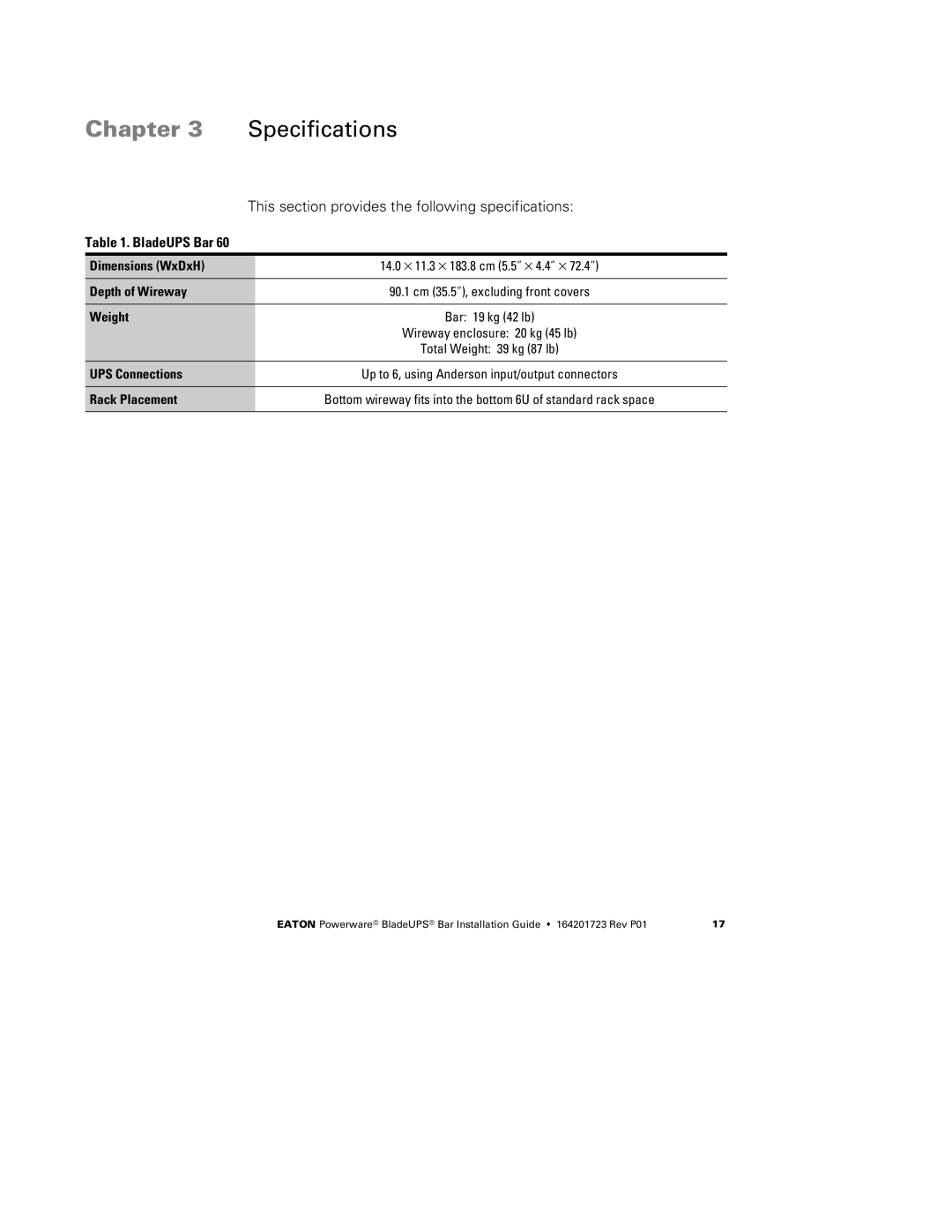 Eaton Electrical BladeUPS Bar manual Chapter Specifications 