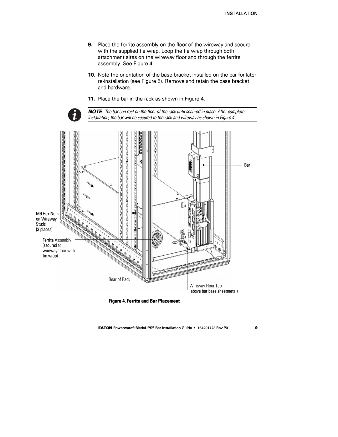 Eaton Electrical BladeUPS Bar manual Place the bar in the rack as shown in Figure 