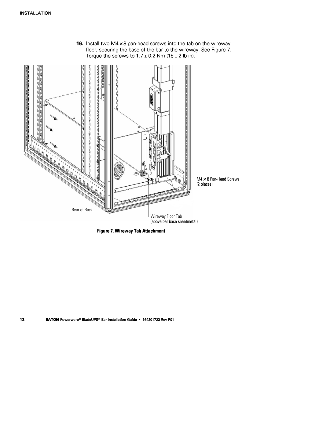 Eaton Electrical BladeUPS Bar manual Wireway Tab Attachment, Installation, Rear of Rack, above bar base sheetmetal 