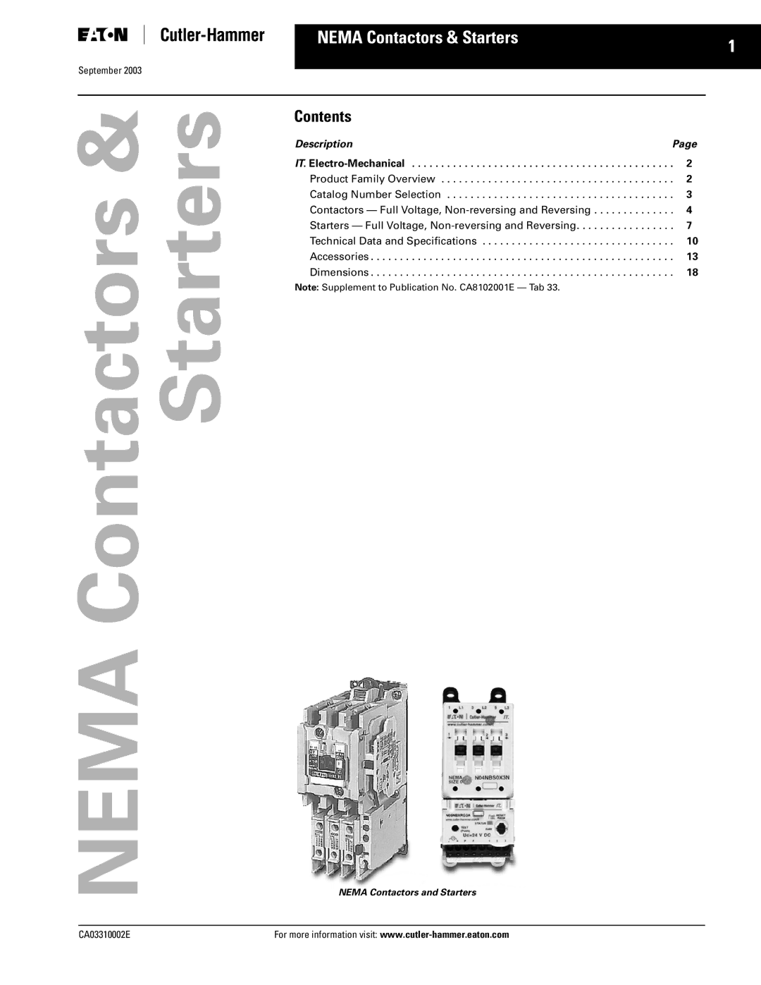 Eaton Electrical CA03310002E manual Nema &ContactorsStarters, Contents 